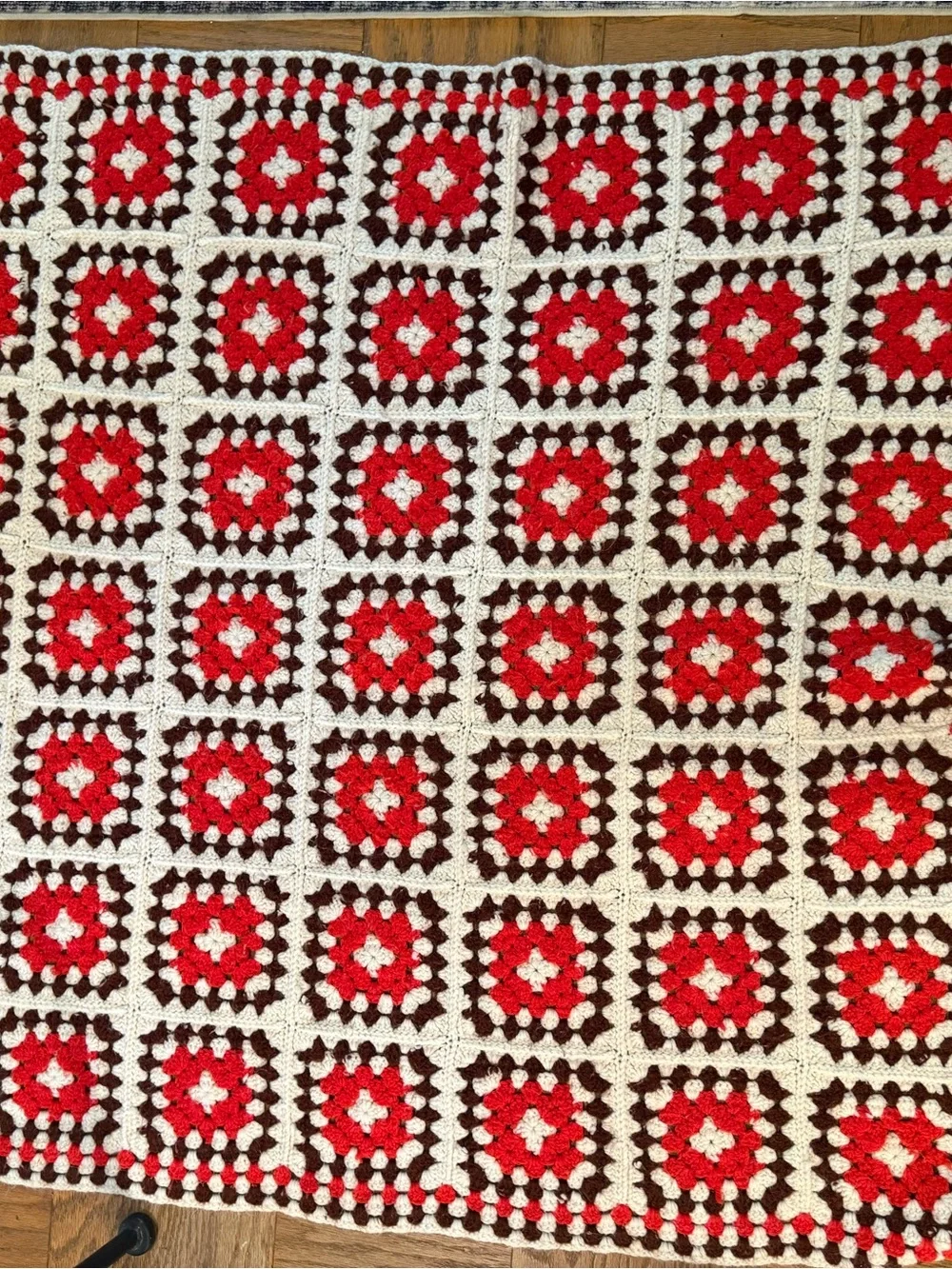 Vtg Handmade Fall Colors Orange, Cream Brown Crochet Granny Square Throw Afghan